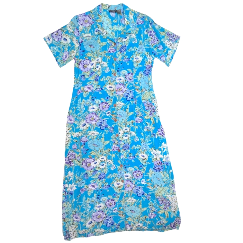 Endless Options Dress Sz L Floral Blue Short Sleeve V-Neck Button Front Spring